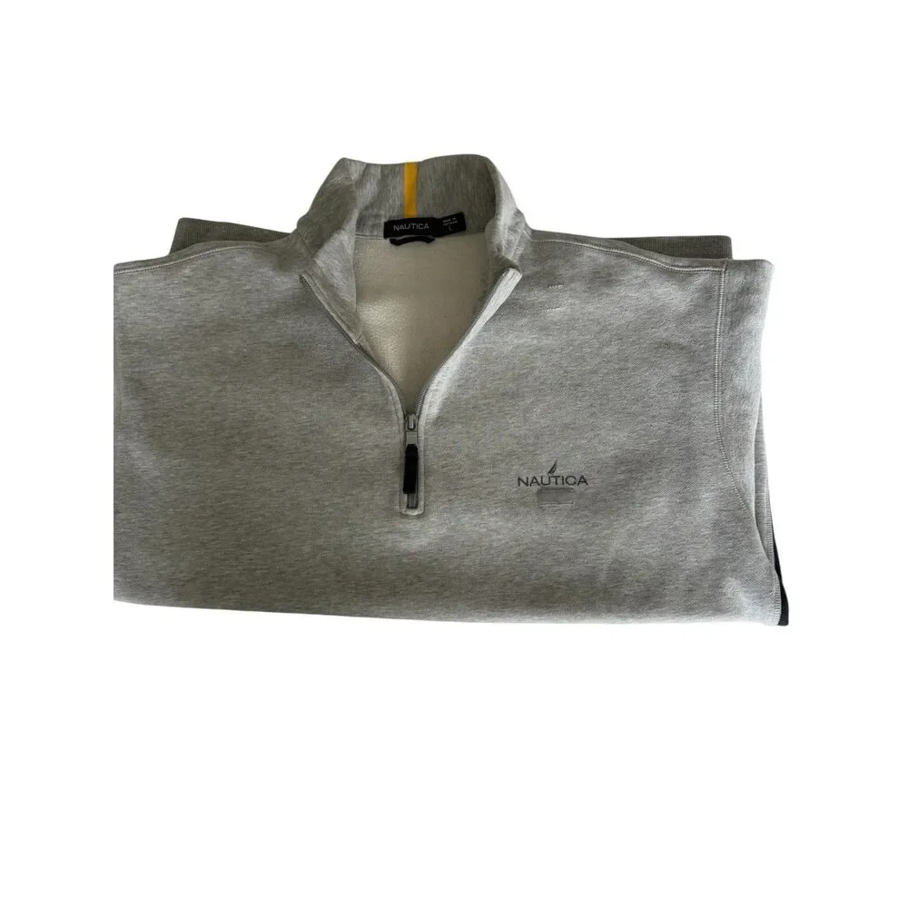 Nautica Men's Size Large Quarter-Zip Sweatshirt Pullover Grey Navy Side Stripe N
